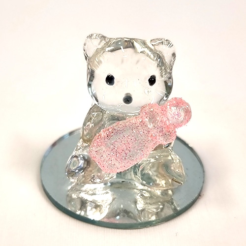Sujet ours en cristal et biberon rose